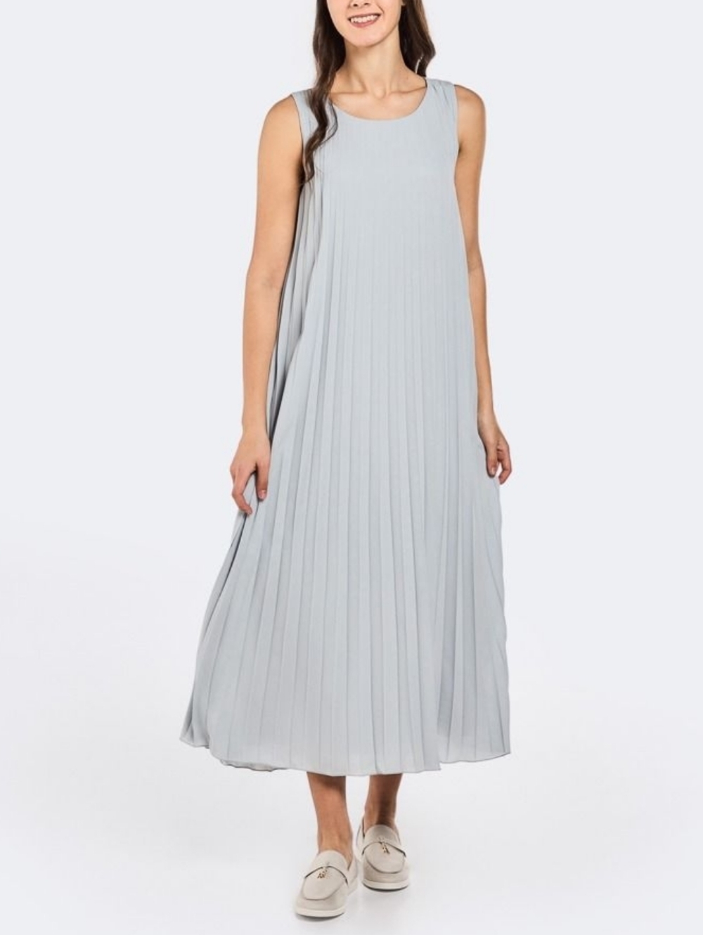 Antonello Serio Pleated Sleeveless Maxi Dress Women's M Light Gray Elegant